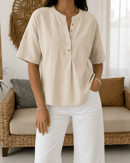 Women's Relaxed Fit Short Sleeve Button Henley Blouse