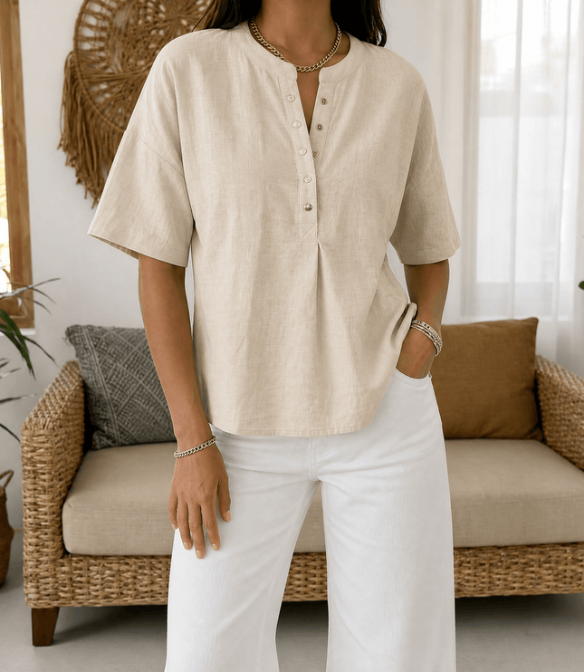 Women's Relaxed Fit Short Sleeve Button Henley Blouse