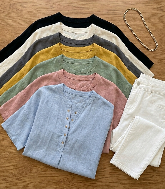 Women's Relaxed Fit Short Sleeve Button Henley Blouse