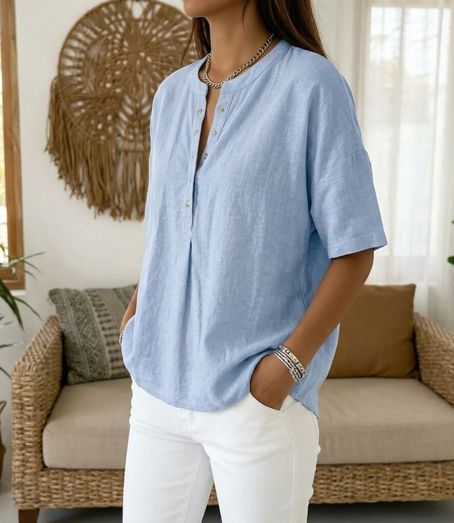 Women's Relaxed Fit Short Sleeve Button Henley Blouse