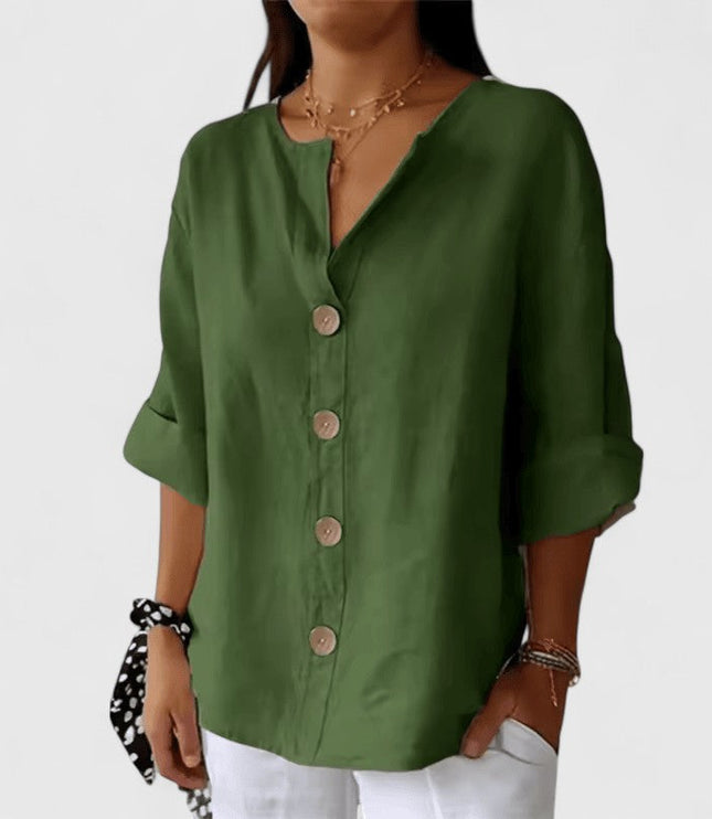 Women's Relaxed Fit V-Neck Button Front Blouse