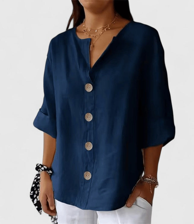 Women's Relaxed Fit V-Neck Button Front Blouse