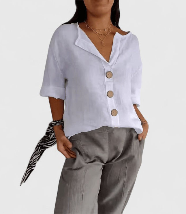 Women's Relaxed Fit V-Neck Button Front Blouse