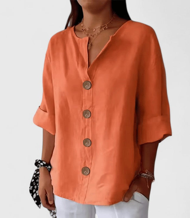 Women's Relaxed Fit V-Neck Button Front Blouse