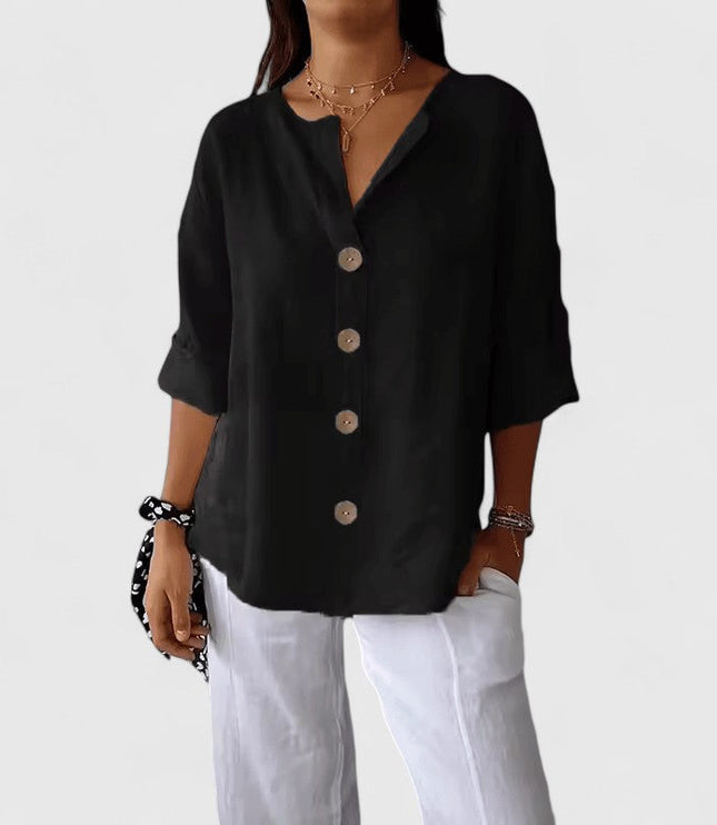 Women's Relaxed Fit V-Neck Button Front Blouse