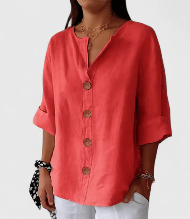 Women's Relaxed Fit V-Neck Button Front Blouse