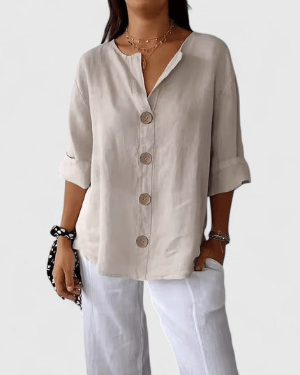 Women's Relaxed Fit V-Neck Button Front Blouse
