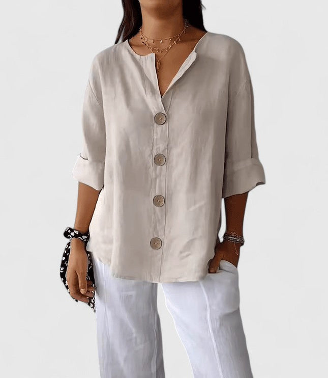 Women's Relaxed Fit V-Neck Button Front Blouse