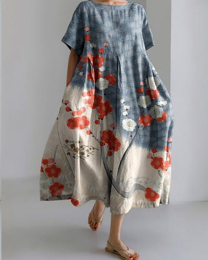 Blue and cream floral midi dress with red flowers, relaxed short sleeve summer dress
