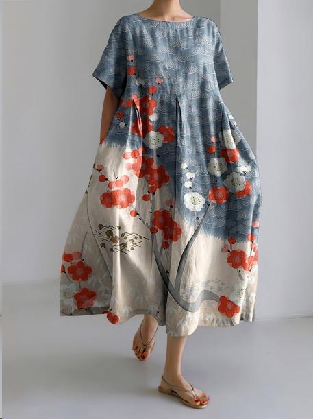 Blue and cream floral midi dress with red flowers, relaxed short sleeve summer dress
