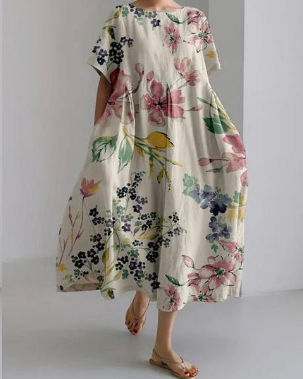 Cream floral midi dress with pink, green and yellow blossoms, airy short sleeve summer dress