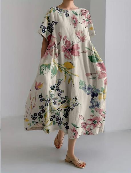 Cream floral midi dress with pink, green and yellow blossoms, airy short sleeve summer dress