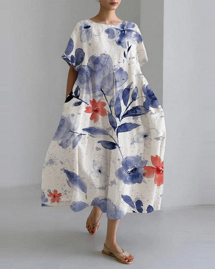 White midi dress with blue watercolor flowers and red accents, flowy summer dress