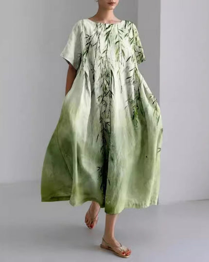 Light green floral midi dress with bamboo-style print, loose short sleeve summer dress
