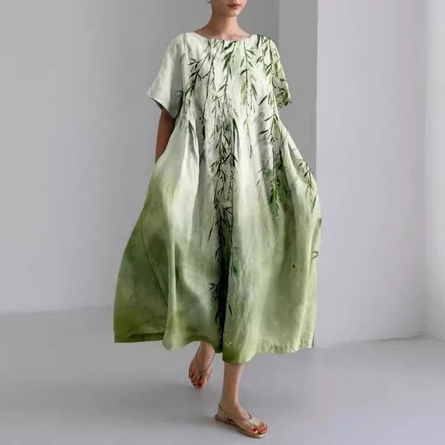 Light green floral midi dress with bamboo-style print, loose short sleeve summer dress
