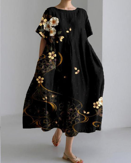 Black floral midi dress with gold blossom print, elegant loose fit summer dress