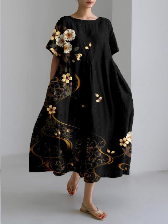 Black floral midi dress with gold blossom print, elegant loose fit summer dress