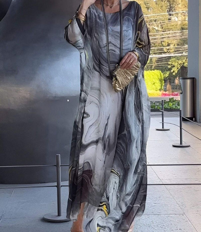 Gray abstract print maxi dress with loose sleeves and lightweight resort look