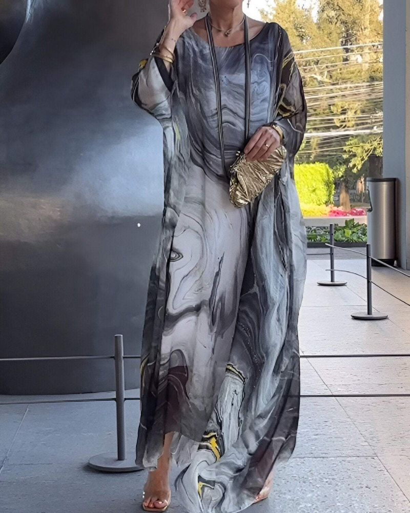 Gray abstract print maxi dress with loose sleeves and lightweight resort look