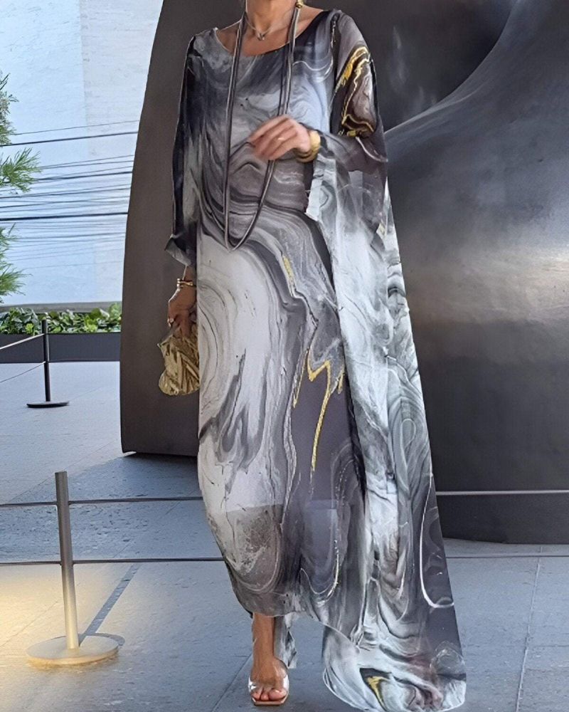 Black and white abstract print maxi dress with long sheer overlay for summer