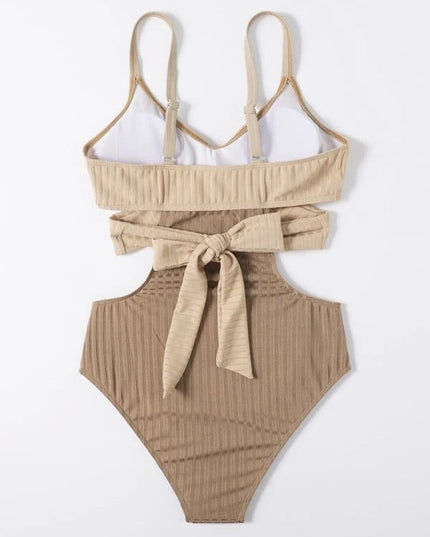 Back view of ribbed bathing suit women in beige with tie waist and scoop back