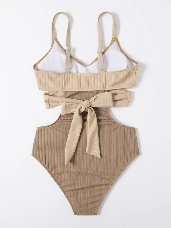 Back view of ribbed bathing suit women in beige with tie waist and scoop back