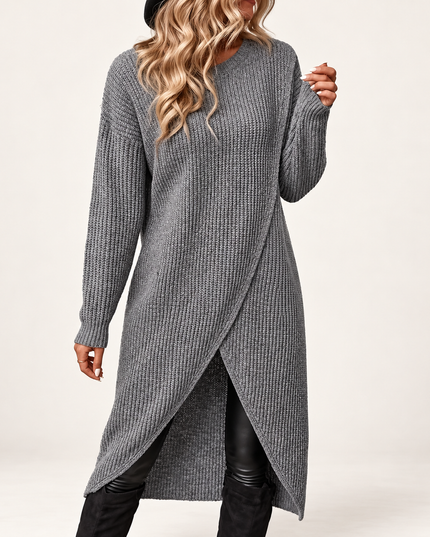 Women's Ribbed Knit Dress with a Long Draped Hemline