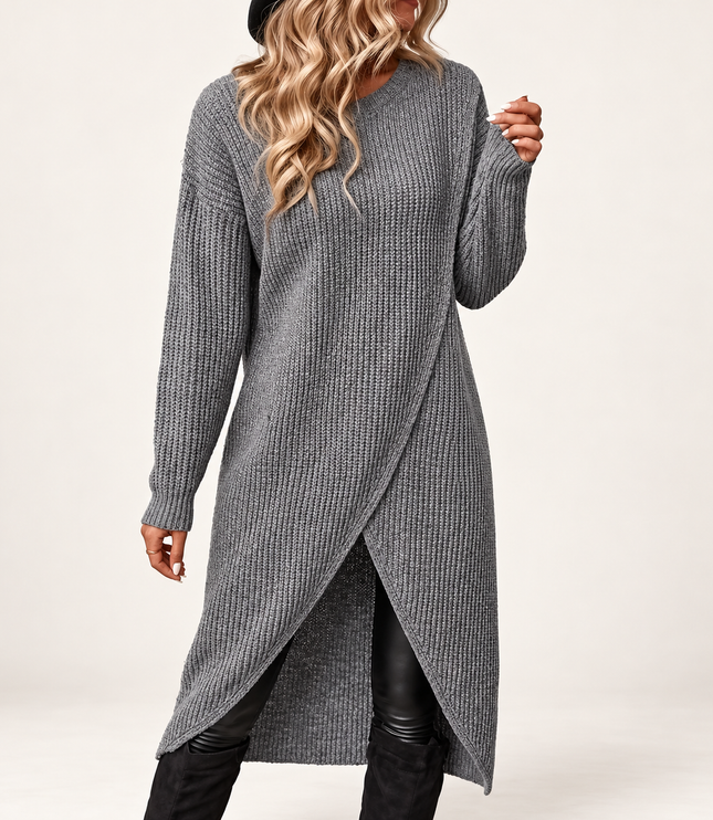 Women's Ribbed Knit Dress with a Long Draped Hemline