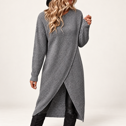 Women's Ribbed Knit Dress with a Long Draped Hemline