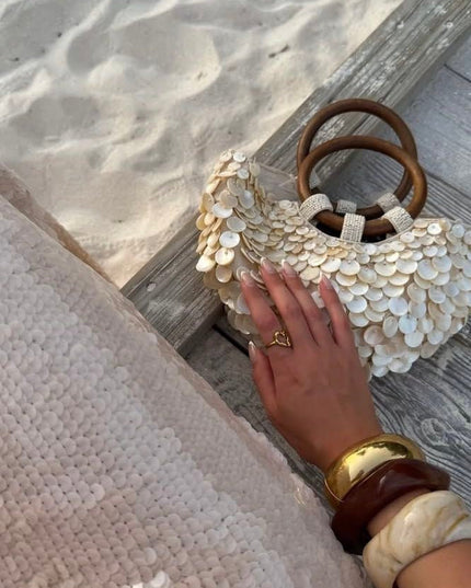 Women's Round Handle Purse with Ivory Shell Detailing