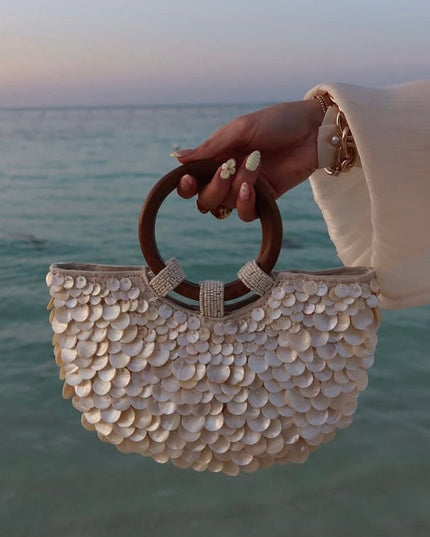 Women's Round Handle Purse with Ivory Shell Detailing