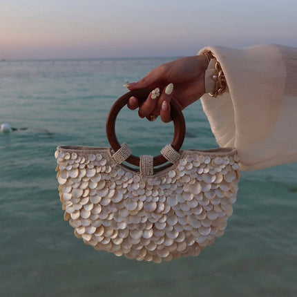 Women's Round Handle Purse with Ivory Shell Detailing