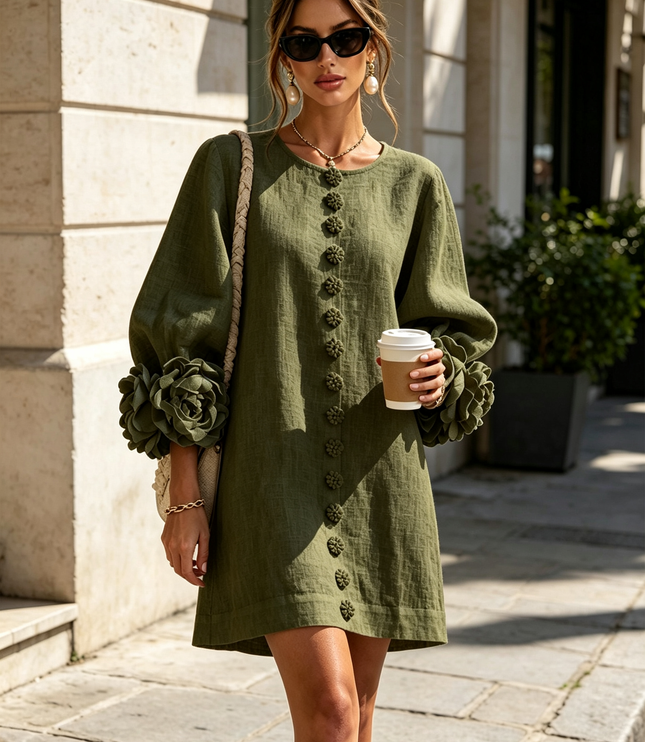 Women's Round Neck Mini Dress with Ruffled Flower Cuffs
