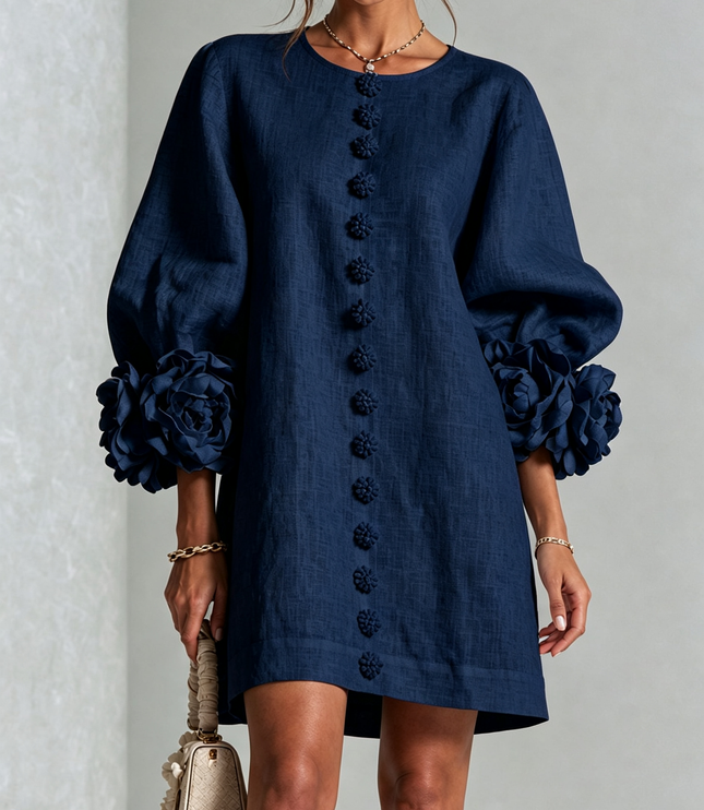 Women's Round Neck Mini Dress with Ruffled Flower Cuffs