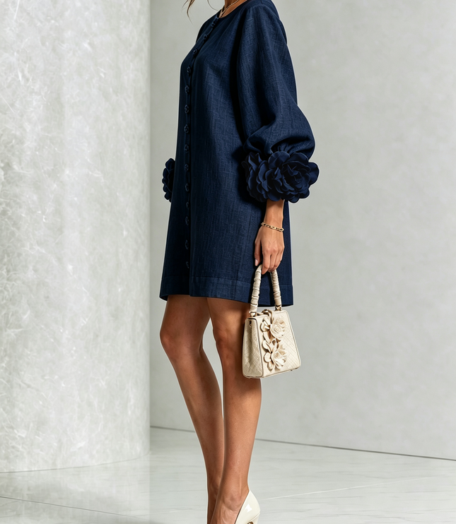 Women's Round Neck Mini Dress with Ruffled Flower Cuffs