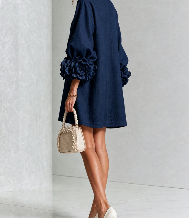 Women's Round Neck Mini Dress with Ruffled Flower Cuffs