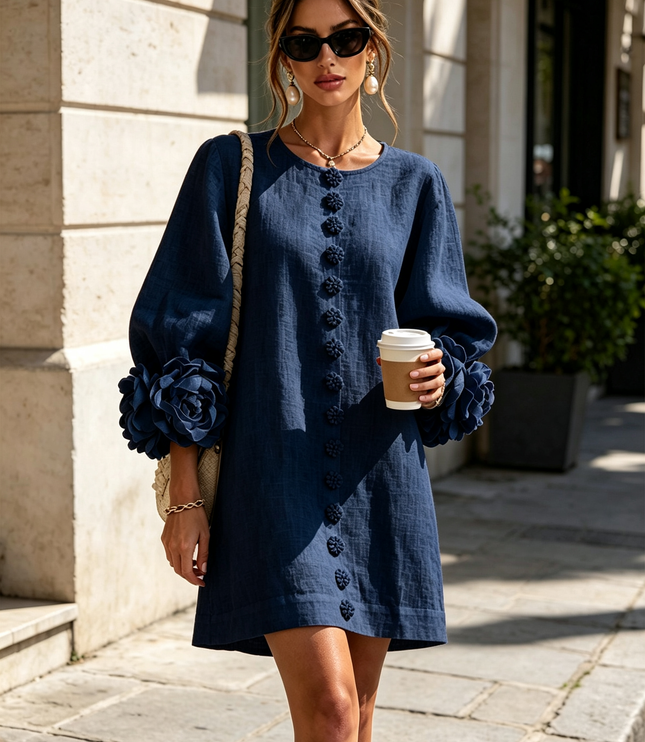 Women's Round Neck Mini Dress with Ruffled Flower Cuffs