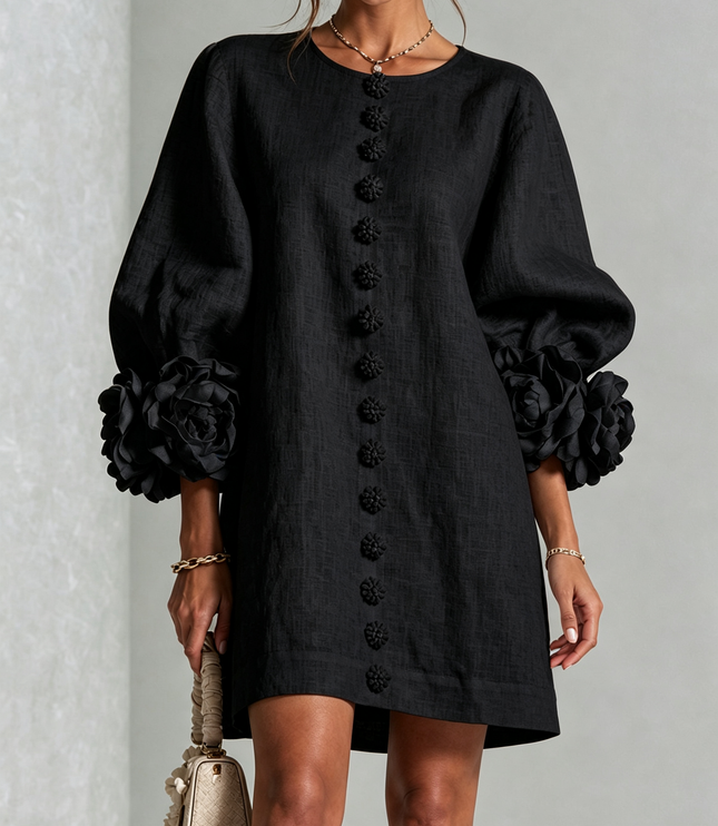 Women's Round Neck Mini Dress with Ruffled Flower Cuffs