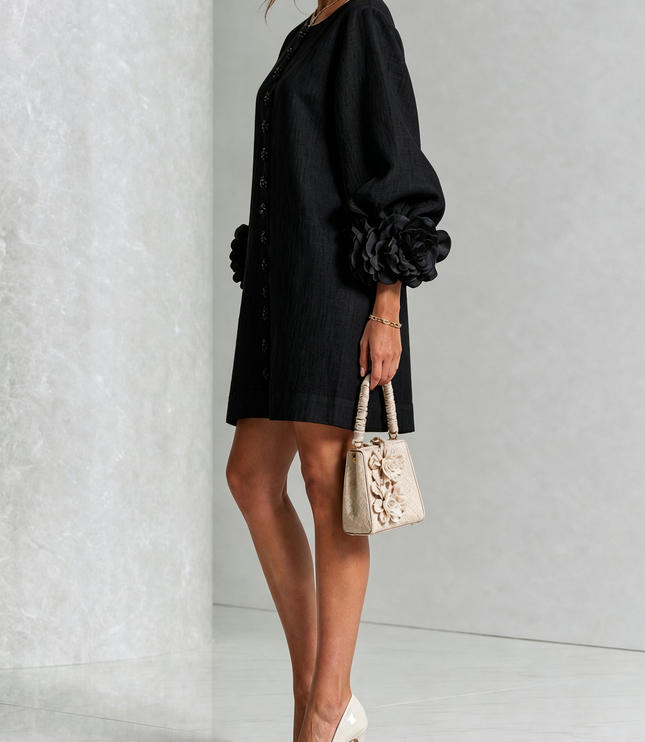 Women's Round Neck Mini Dress with Ruffled Flower Cuffs