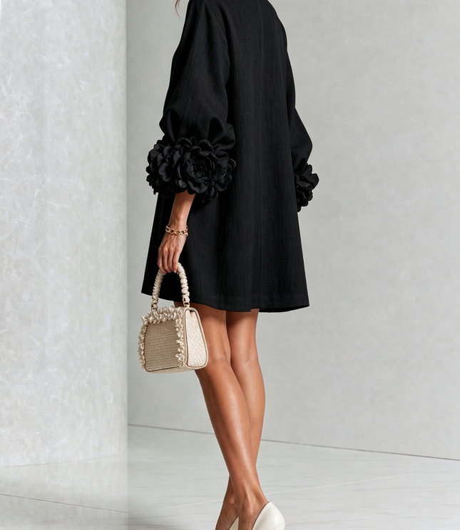 Women's Round Neck Mini Dress with Ruffled Flower Cuffs