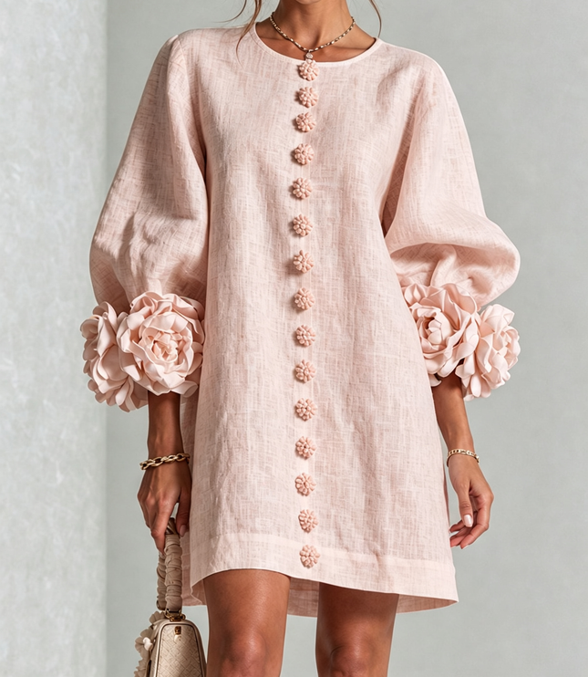 Women's Round Neck Mini Dress with Ruffled Flower Cuffs