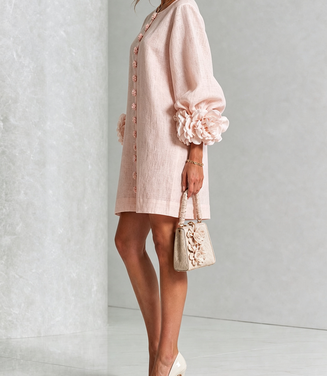 Women's Round Neck Mini Dress with Ruffled Flower Cuffs
