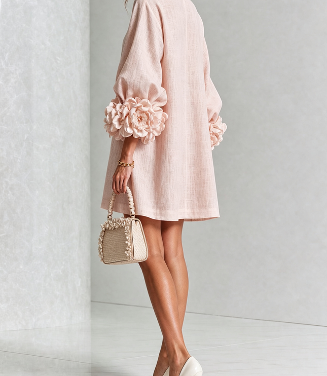 Women's Round Neck Mini Dress with Ruffled Flower Cuffs