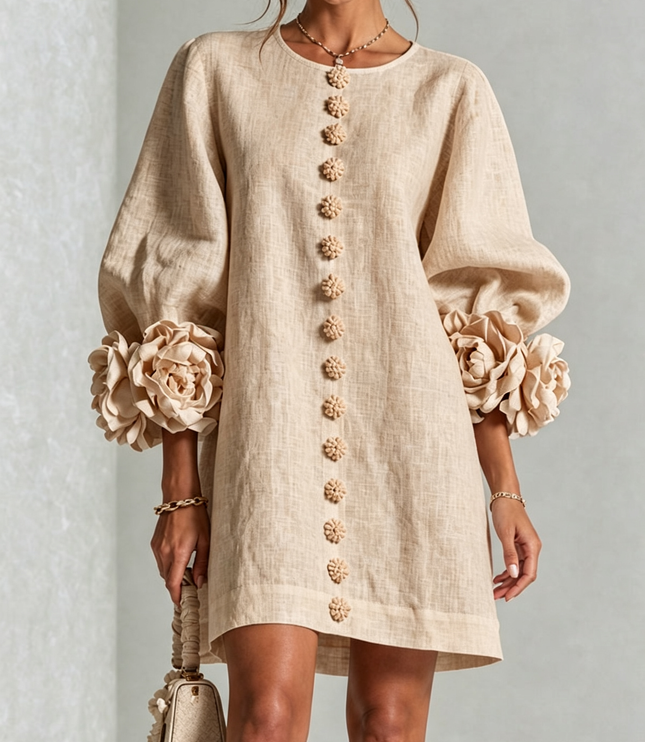 Women's Round Neck Mini Dress with Ruffled Flower Cuffs