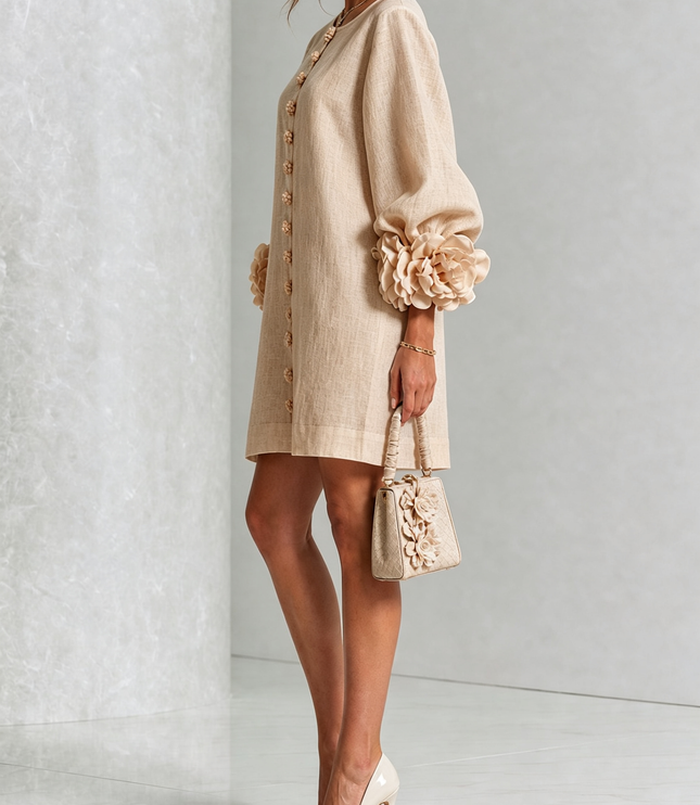 Women's Round Neck Mini Dress with Ruffled Flower Cuffs