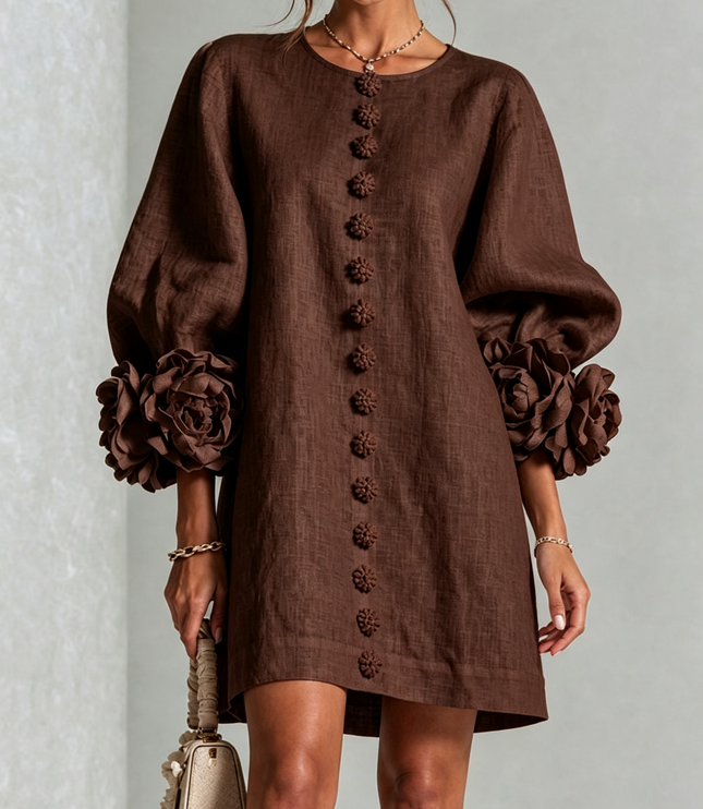 Women's Round Neck Mini Dress with Ruffled Flower Cuffs