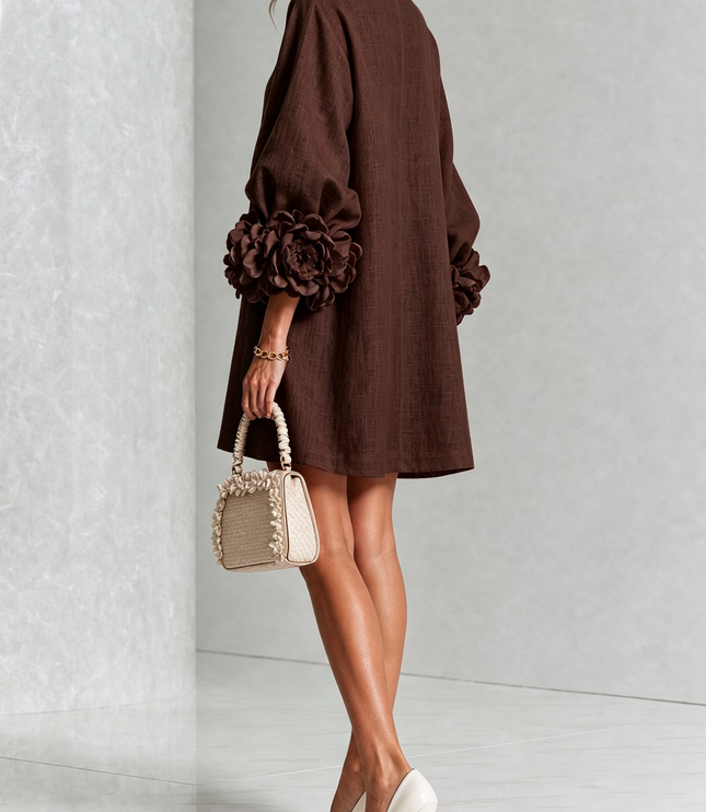 Women's Round Neck Mini Dress with Ruffled Flower Cuffs
