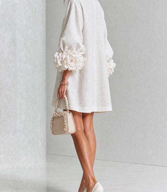 Women's Round Neck Mini Dress with Ruffled Flower Cuffs