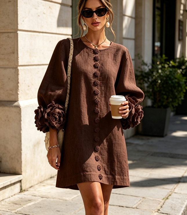 Women's Round Neck Mini Dress with Ruffled Flower Cuffs