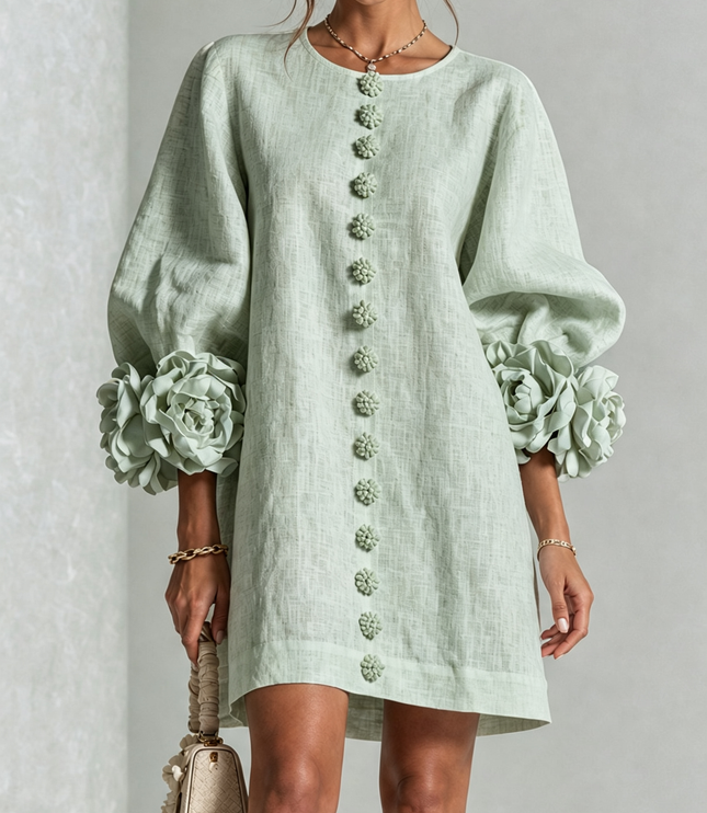 Women's Round Neck Mini Dress with Ruffled Flower Cuffs